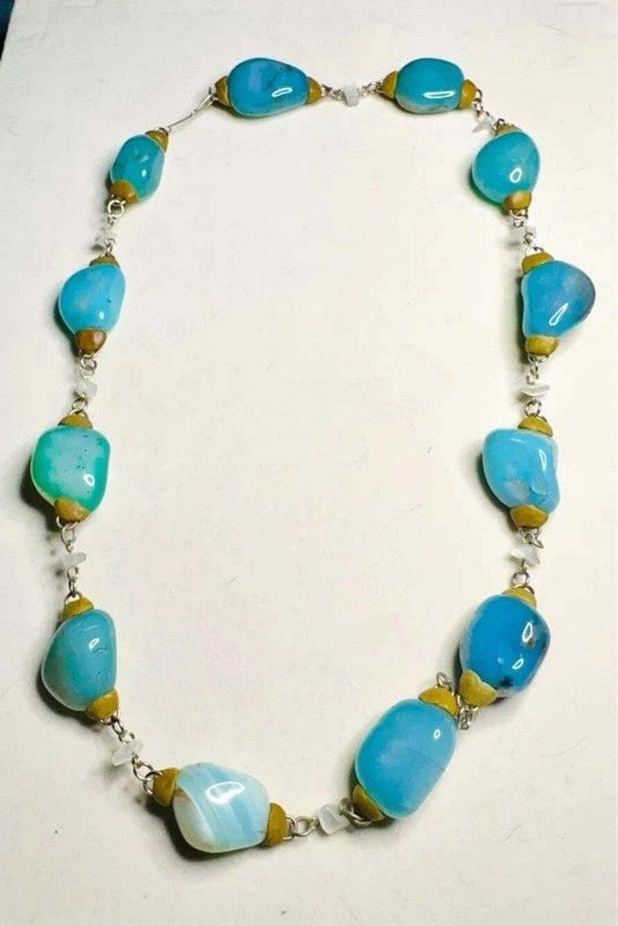 Blue Agate Necklace Nugget Handmade Statement Wood Shell 26 in